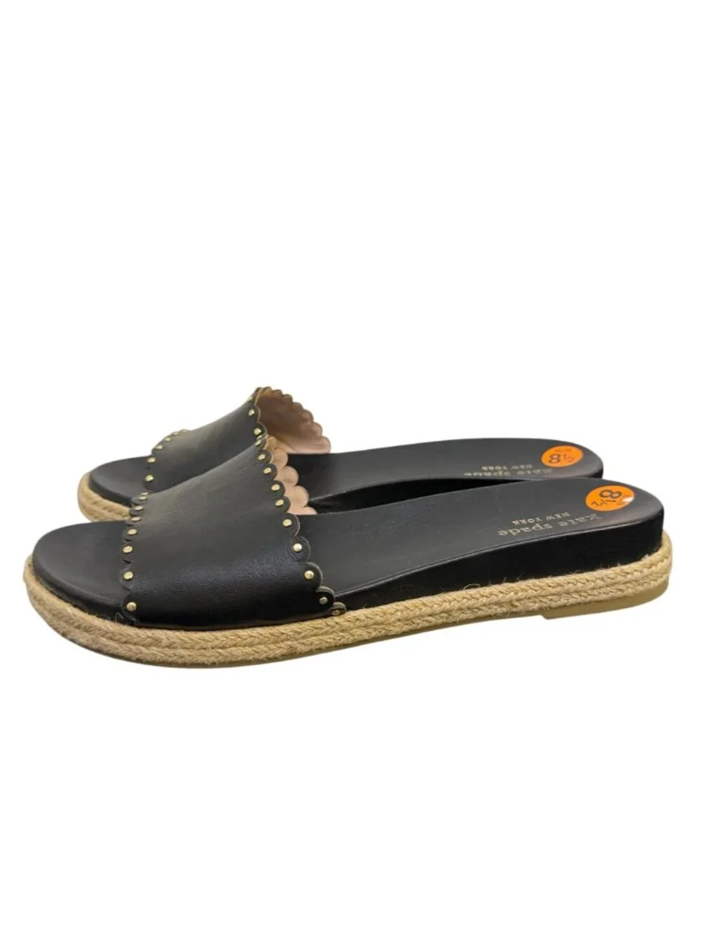Kate Spade Black Leather Scalloped Espadrille Slide Sandals Size 8.5